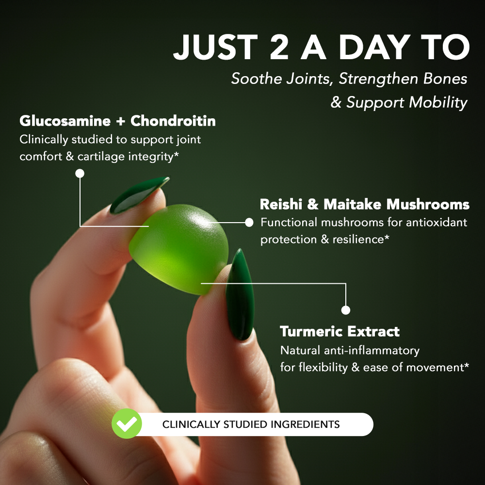 Close-up of hand holding Zerean Flexa gummy with ingredient callouts — glucosamine, chondroitin, reishi, maitake, and turmeric for joint and bone support.