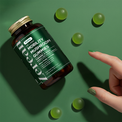 Zerean Flexa Mobility Mushroom Gummies bottle with green gummies and hand reaching — turmeric and reishi formula for women’s joint and mobility support.