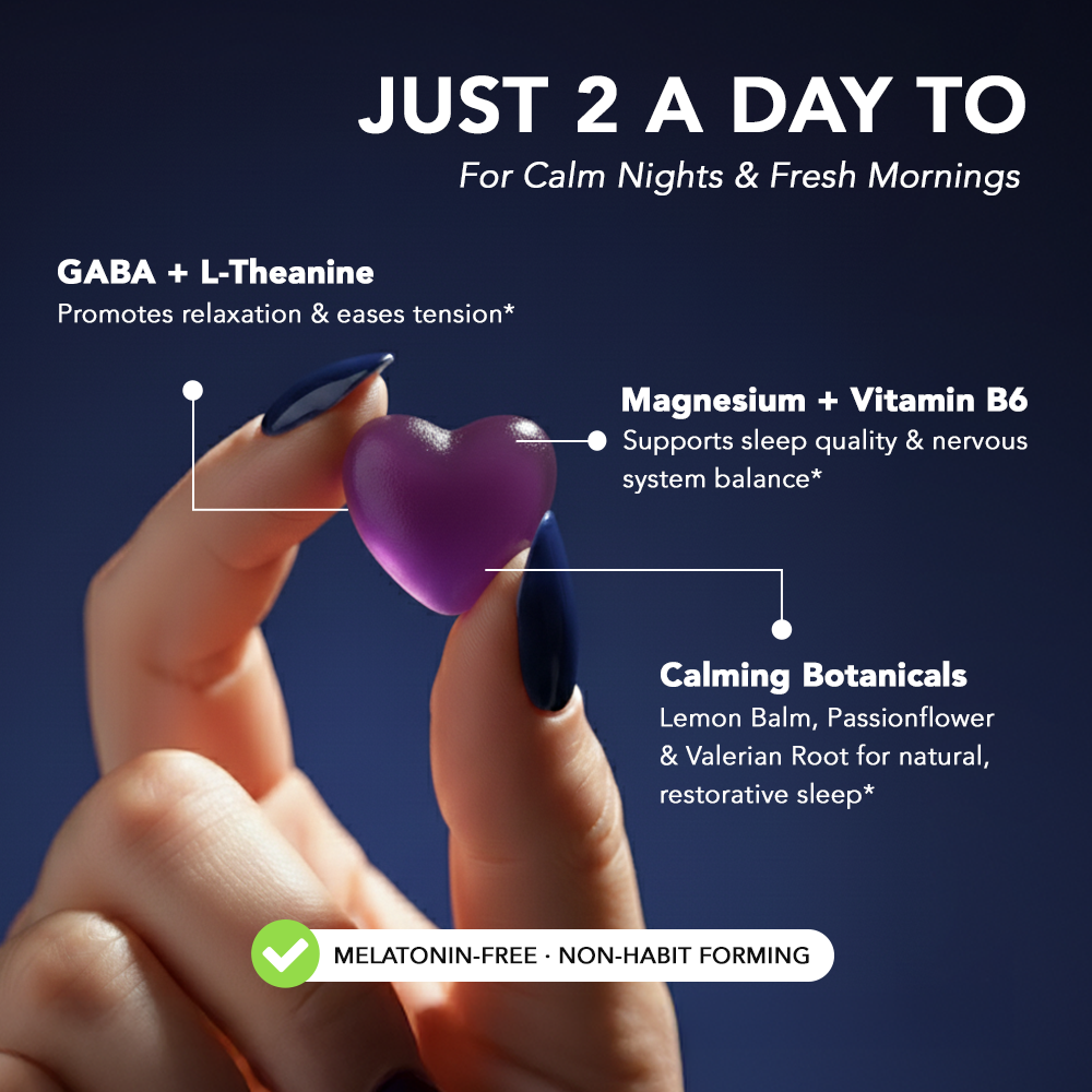 Hand holding a heart-shaped Zerean Luna gummy with ingredient highlights — GABA, L-theanine, magnesium, vitamin B6 and calming botanicals.