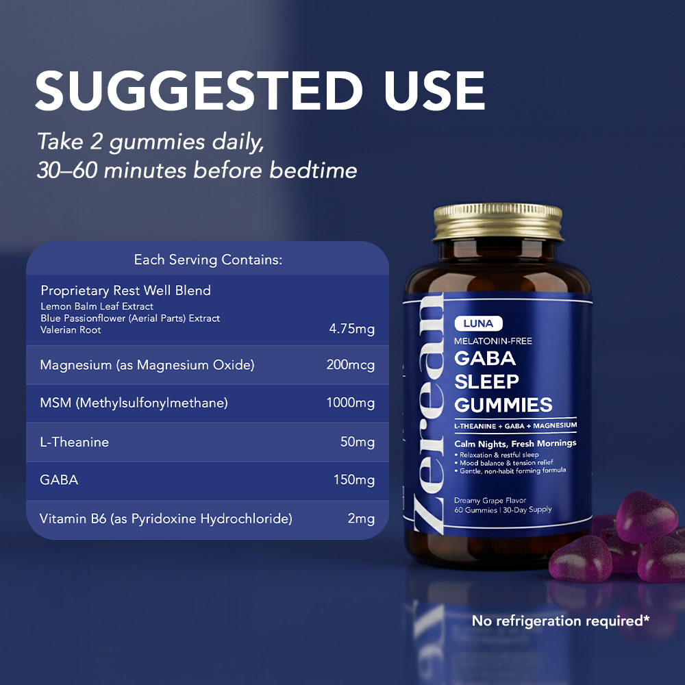 Zerean Luna suggested use chart — take 2 gummies 30 to 60 minutes before bedtime.