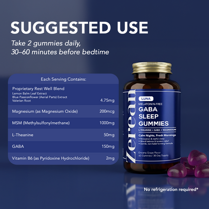Zerean Luna suggested use chart — take 2 gummies 30 to 60 minutes before bedtime.