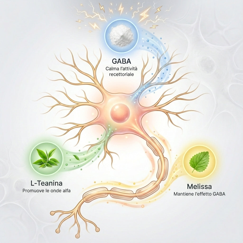 Illustrazione scientifica in italiano che mostra come tre ingredienti per il supporto del sonno interagiscono con un neurone. Una cellula neuronale dettagliata con dendriti e assone è al centro, con tre sfere di ingredienti che rilasciano i loro effetti tramite flussi colorati: GABA (sfera blu con polvere bianca, "Calma l'attività recettoriale") si collega ai dendriti con particelle blu e fulmini calmati, L-Teanina (sfera verde con foglie di tè, "Promuove le onde alfa") fluisce con particelle verdi nel corp