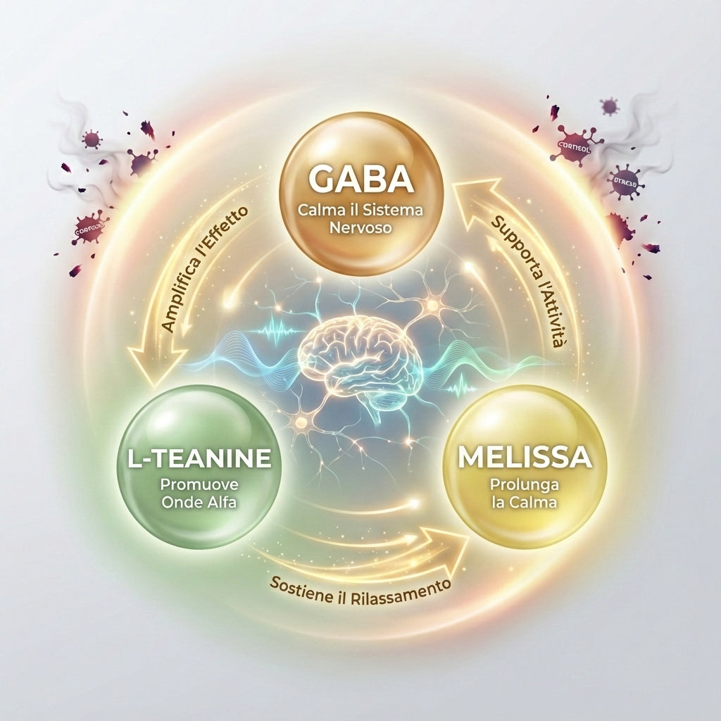 Infografica scientifica in italiano che illustra la sinergia tra tre ingredienti per il supporto del sonno. Un'illustrazione centrale del cervello con connessioni neurali e onde calme è circondata da tre sfere di ingredienti in disposizione triangolare: GABA (sfera dorata, "Calma il Sistema Nervoso") in alto, L-Teanine (sfera verde, "Promuove Onde Alfa") in basso a sinistra, e Melissa (sfera gialla, "Prolunga la Calma") in basso a destra. Frecce curve mostrano le interazioni: "Amplifica l'Effetto," "Support