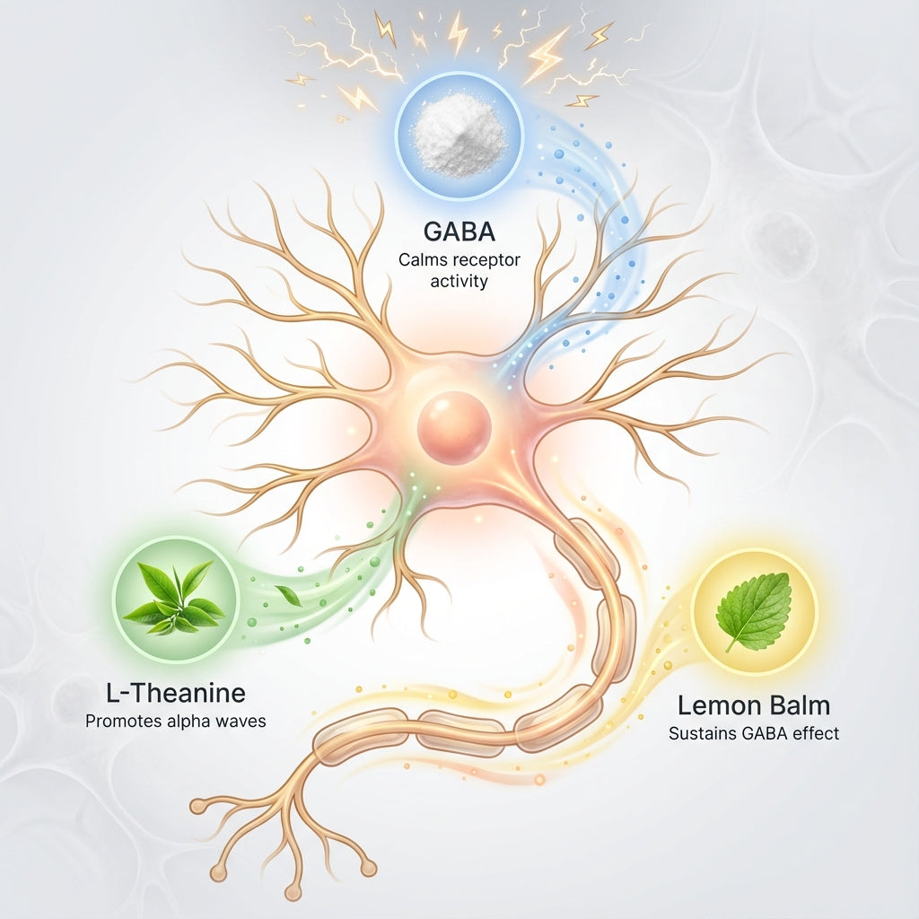 Scientific illustration of a neuron with dendrites and axon, surrounded by three labelled ingredient spheres — GABA, L-theanine and lemon balm — with coloured streams indicating their interactions.