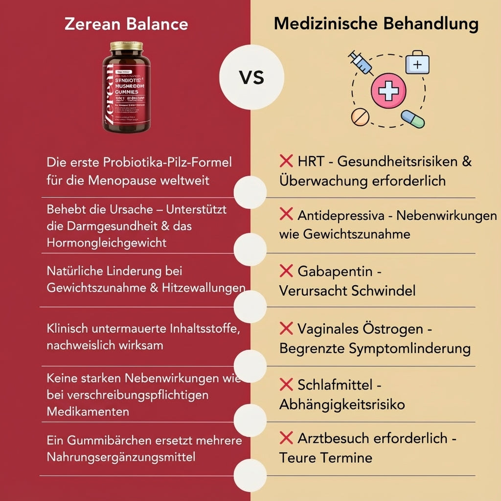 Zerean Balance im Vergleich zu medizinischer Behandlung wie HRT und Antidepressiva - natürliche Probiotika-Pilz-Formel ohne Nebenwirkungen für Wechseljahresbeschwerden